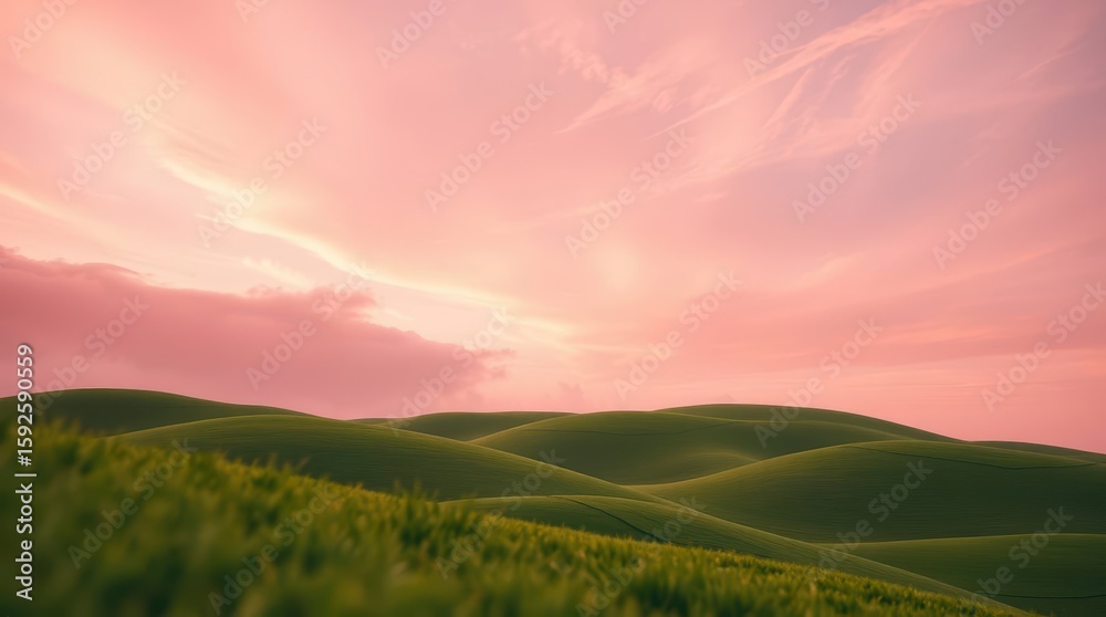 Obraz premium Pink Sunset Over Rolling Green Hills