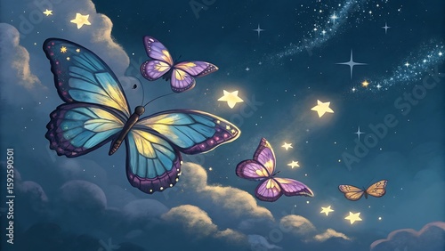 Butterflies gracefully navigate a night sky filled with stars and clouds, creating a dreamy and magical celestial scene