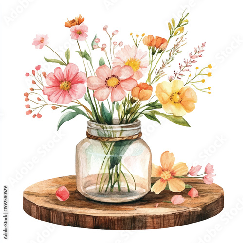 Watercolor Floral Arrangement in Glass Jar on Wood Slice Delicate Petals