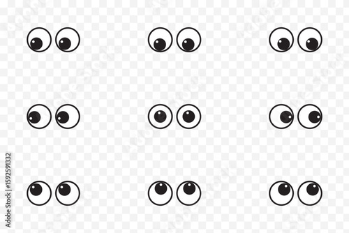 A set of plastic toy eyes. Glossy, bulging, puppet eyes. Cute, round, vector, isolated elements. Look down, up, left, right. Different, shaking, silly, hilarious pairs of eyeballs. Vector illustration