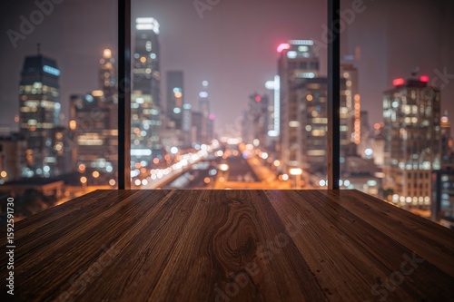Elegant dark walnut table with a highly polished sheen, overlooking a mesmerizing urban landscape at night, captivating scene