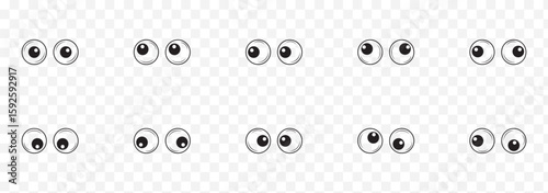 A set of plastic toy eyes. Glossy, bulging, puppet eyes. Cute, round, vector, isolated elements. Look down, up, left, right. Different, shaking, silly, hilarious pairs of eyeballs. Vector illustration