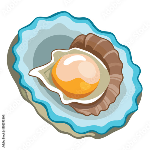 Fresh oyster on the half shell, glistening and ready, on a plain white surface.