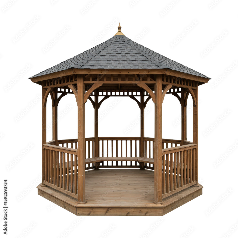 Fototapeta premium Wooden garden gazebo with shingle roof and benches a classic outdoor relaxation structure
