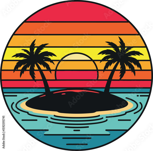 Tropical island beach with palm trees, sun, and clear blue ocean water, a perfect summer travel paradise