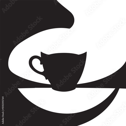 Black and white vector silhouette of a coffee cup, positioned centrally on a white background. 