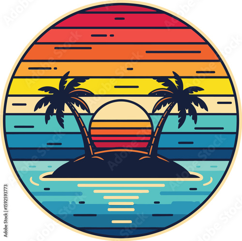 Tropical island beach with palm trees, sun, and clear blue ocean water, a perfect summer travel paradise