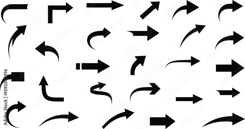 Collection of vector arrow icons: a diverse set of black arrows pointing in various directions, perfect for web design elements and business illustrations Collection of vector arrow icons: a diverse set of black arrows pointing in various directions, perfect for web design elements and business illustrations