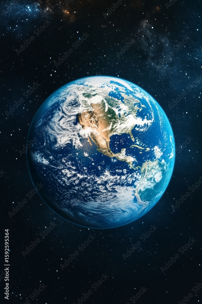 Fototapeta premium Planet Earth viewed from the cosmos showing continents and oceans under a starry night