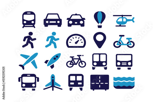 Vector set of isolated transportation vehicle icons, including car, truck, bus, train, taxi, van, ship, cargo, and airplane silhouettes on a gray background