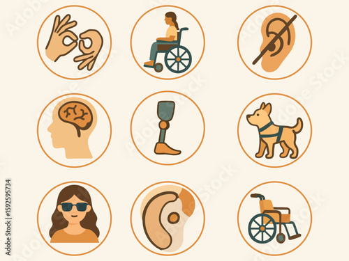The image shows a set of disability icons, including a guide dog, wheelchair, prosthetic leg, hearing aid, sign language gesture, brain, and a person with visual impairment.