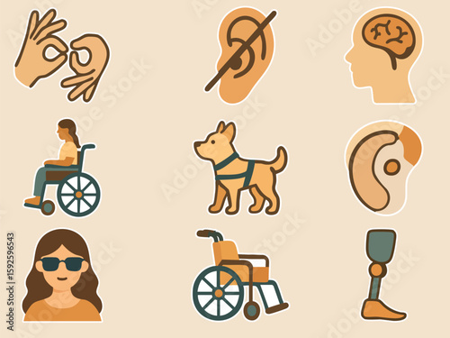 The image shows a set of disability icons, including a guide dog, wheelchair, prosthetic leg, hearing aid, sign language gesture, brain, and a person with visual impairment.