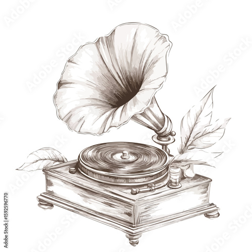 Vintage Gramophone Sketch on White Background