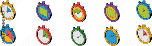 Colorful stopwatches with time indicators and digital displays timer measurement vector bundle collection set pack template elements icons clipart illustration editable flat minimal modern banner post