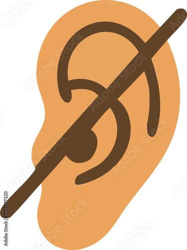 A flat vector icon of an ear with a diagonal line crossing through it, symbolizing hearing impairment or deafness.