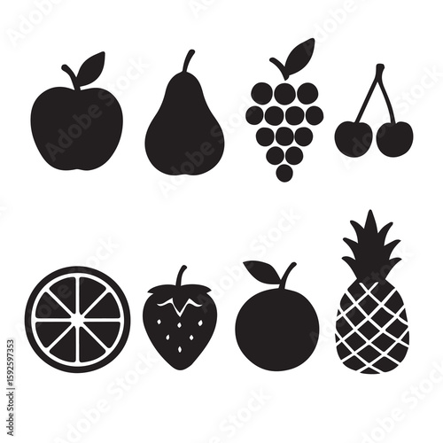 Wallpaper Mural Black and White Fruit Icons – Minimalist Silhouette Vector Set of Apple, Pear, Grapes, Lemon, Strawberry, Pineapple

 Torontodigital.ca