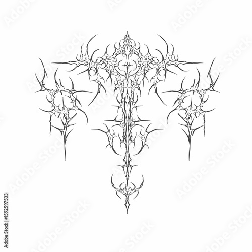 Neo tribal cyber sigil emblem, hand-drawn in sharp vector lines. Great for t-shirt prints, stickers, posters, and dark graphic design projects.