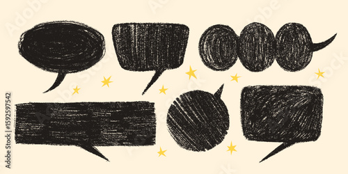 Crayon speech bubble set in hand drawn chalk style on beige background. Vecto...