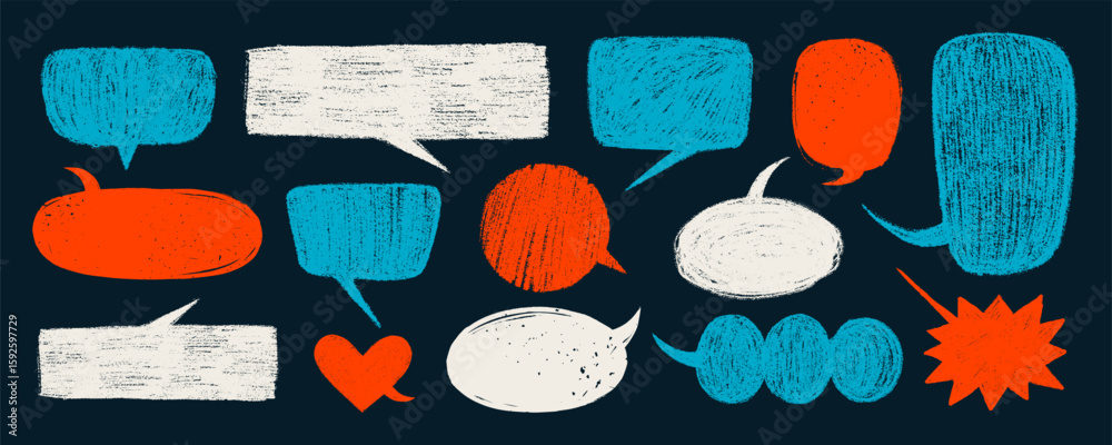 Fototapeta premium Crayon speech bubbles and talk elements in red, blue and white on dark background. Vector Hand drawn text box, doodle cloud and chalk bubble in cartoon style. Great for comics, quotes, stickers