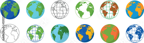 Diverse planet earth globes with continents and oceans in various colors and styles planets world vector bundle collection set pack template elements icons clipart illustration editable flat minimal m