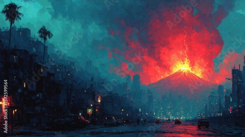 Erupting Volcano at Night Over a Cityscape