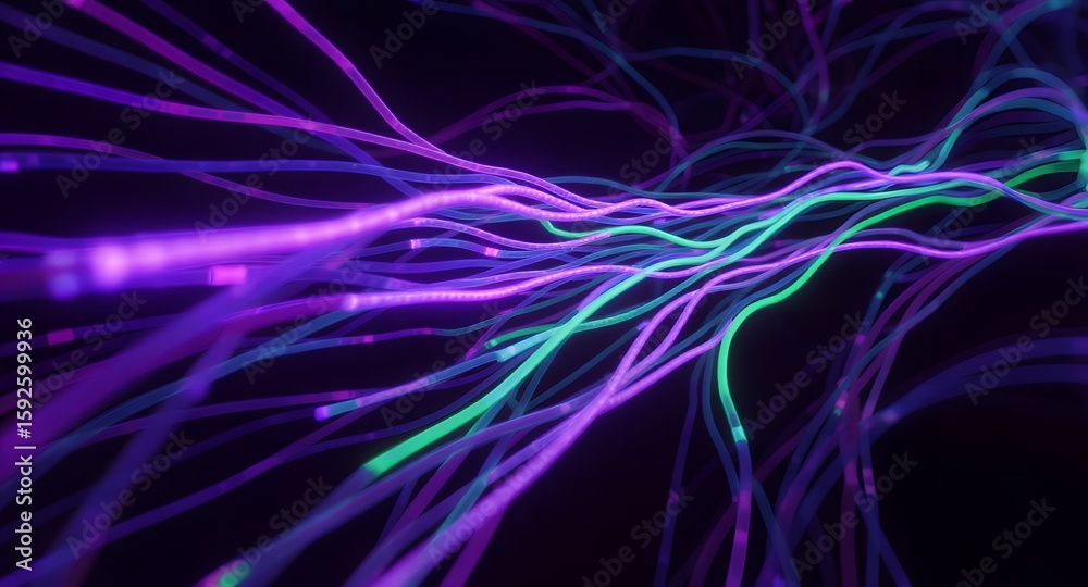 Obraz premium Abstract depiction of flowing digital data streams rendered in shades of purple and green against a dark background conveying technological interconnectivity and futuristic design.
