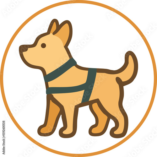 A flat vector icon of a guide dog wearing a harness, representing assistance for visually impaired individuals.