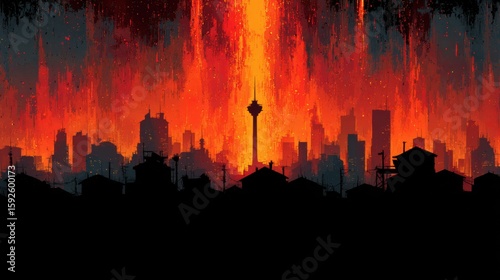 Fiery Cityscape Inferno  Pixel Art of a Burning City at Night
