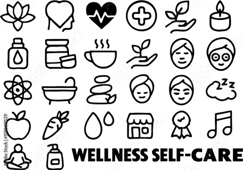 Wellness care icon set featuring health checkups, relaxation, meditation, supplements, mental care, therapy, self-care, nutrition, fitness, and hygiene symbols.

