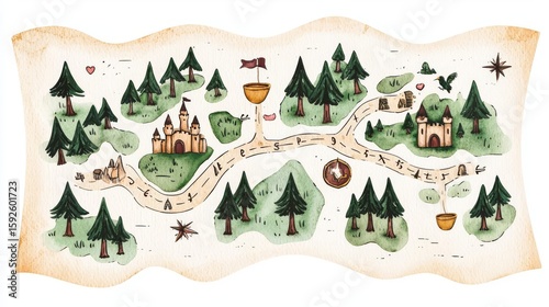 A whimsical illustrated map featuring castles, forests, and a winding path inviting adventurers to explore new realms.
