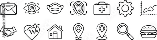 set of thin line business, health, home and food icons