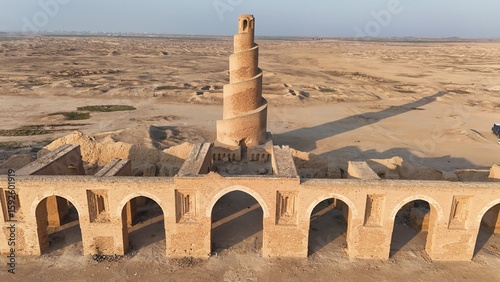 Foto Historic view of Abu Dulaf Mosque in Samarra, Iraq, featuring its iconic spiral minaret and vast Abbasid-era architecture surrounded by desert landscape