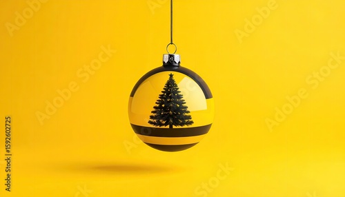 Christmas ornament with a black silhouette of a tree on a yellow background