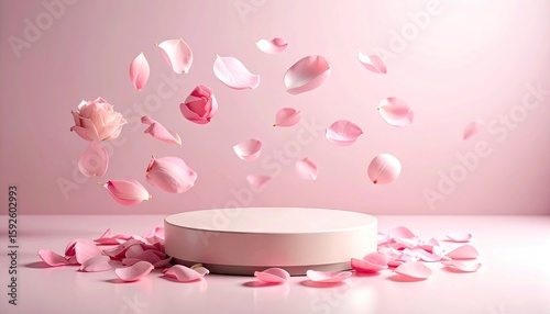 Pink rose petals float around a pale pink pedestal