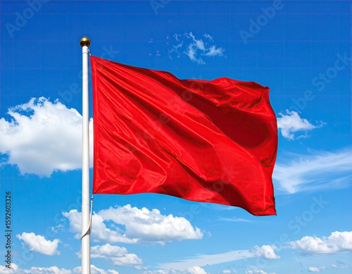 Red flag waving in a clear blue sky with clouds