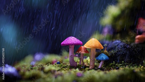 Wallpaper Mural Colorful mushrooms in a rain-drenched forest Torontodigital.ca