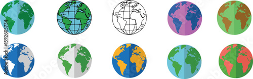Diverse Earth globes in various flat styles and color palettes planet world vector bundle collection set pack template elements icons clipart illustration editable flat minimal modern banner poster