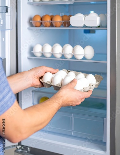Person placing carton of eggs in a refrigerator