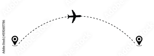 Airplane flight path with dotted curved route between two location pins, flying plane silhouette, travel navigation concept, air travel journey, tourism and transportation vector illustration