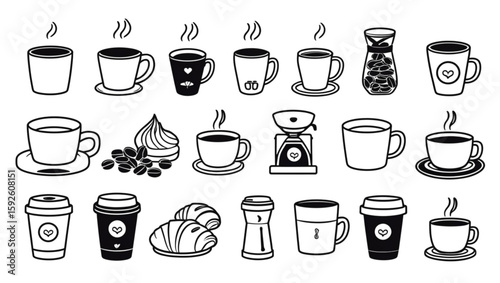 Hand-drawn coffee set presents a delightful range of cups, beans and makers, ideal for crafting cozy menus or café-related designs.