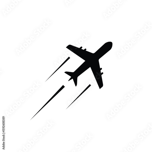 An airplane taking off with motion lines indicating speed and direction on a white background view from below