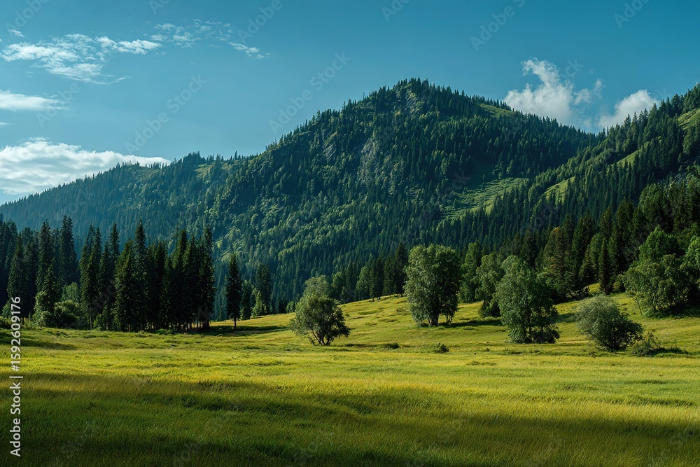 Obraz premium Green Meadow And Forest Hills