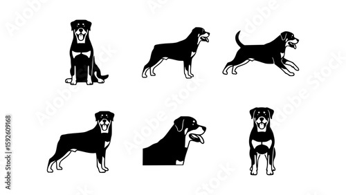 Rottweiler dogs in various poses in black and white silhouettes. The image shows multiple poses of the dog, including sitting, standing, and running