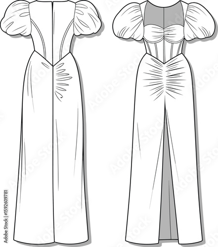 Evening gown fashion sketch with puff sleeves, ruched details and front slit, cad drawing flat vector illustration, formal wear template