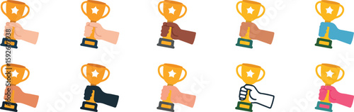 Golden trophy held by diverse hands star award vector bundle collection set pack template elements icons clipart illustration editable flat minimal modern banner poster png eps png, poster isolated tr