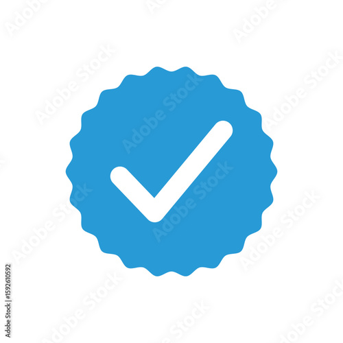 A blue scalloped circle containing a white check mark indicating verification status and authenticity online


