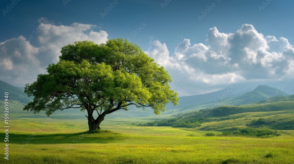 Fototapeta premium A solitary tree stands proudly in a vast landscape, with a vibrant green field under a beautiful blue sky