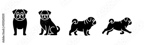 Set of four elegant silhouette pugs in various poses, perfectly depicting their adorable nature. They capture the essence of these charming companions