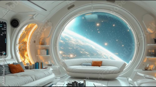 Spaceship dock with planets visible Generative AI
