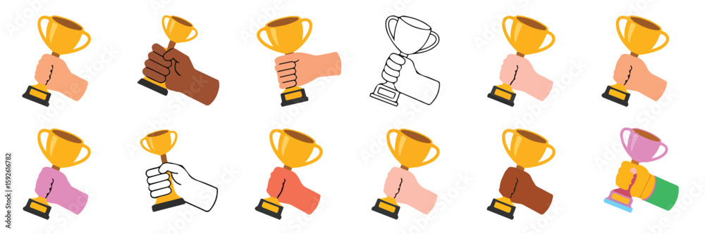 Fototapeta premium Hands holding trophies in various skin tones and styles trophy gold vector bundle collection set pack template elements icons clipart illustration editable flat minimal modern banner poster png eps pn